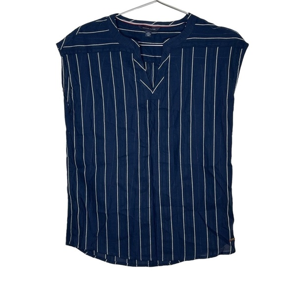 TOMMY Hilfiger Embroidered Striped Top Sleeveless Blouse Nautical Preppy V Neck - Picture 1 of 7